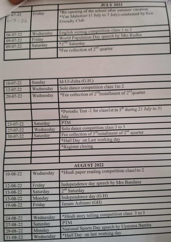 CCA Calendar BSF Pri School Jalandhar